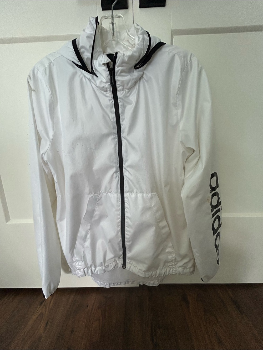 adidas White Hooded Windbreaker Jacket with Black Trim